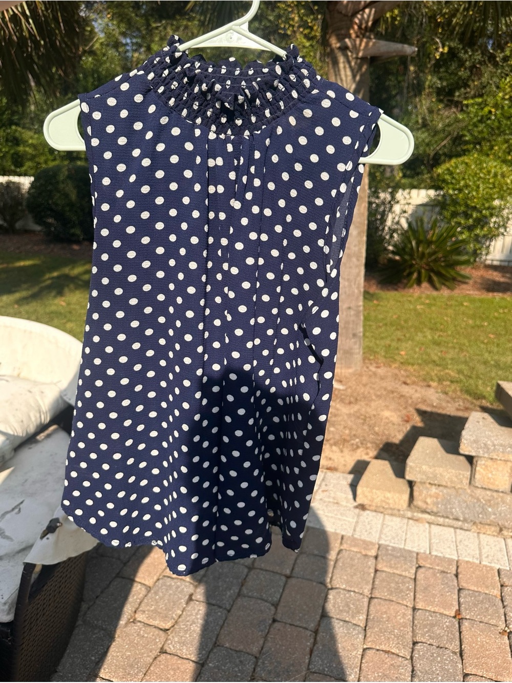 Navy Polka Dot Sleeveless Smocked Neck Top